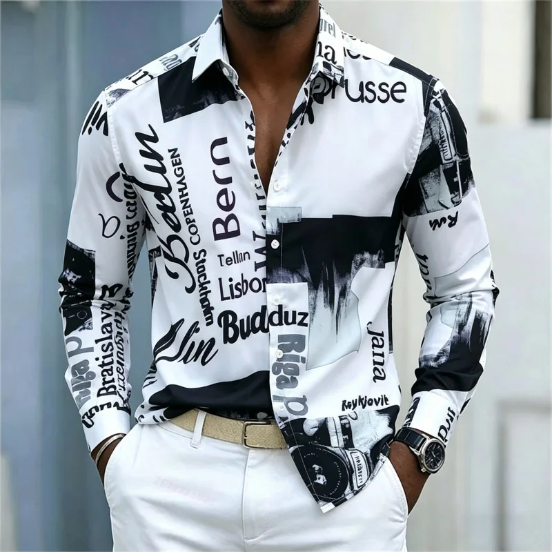Mens Fashion Casual - Camisa masculina estampada de manga comprida,